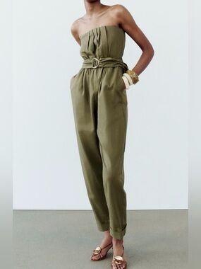 Zara Strapless Olive Green Belted Jumpsuit linen NWT